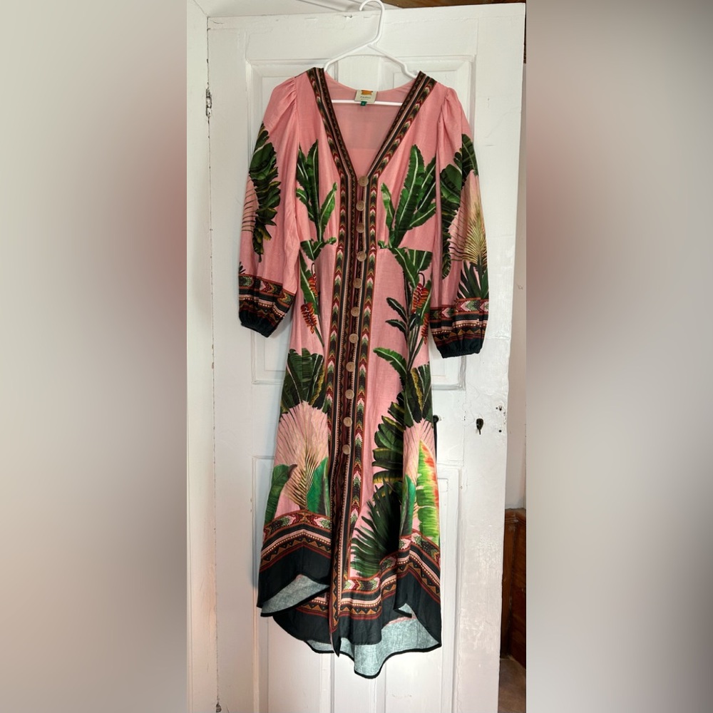 FARM Rio Pink Tropical High-Low Dress with Green Leaf Print